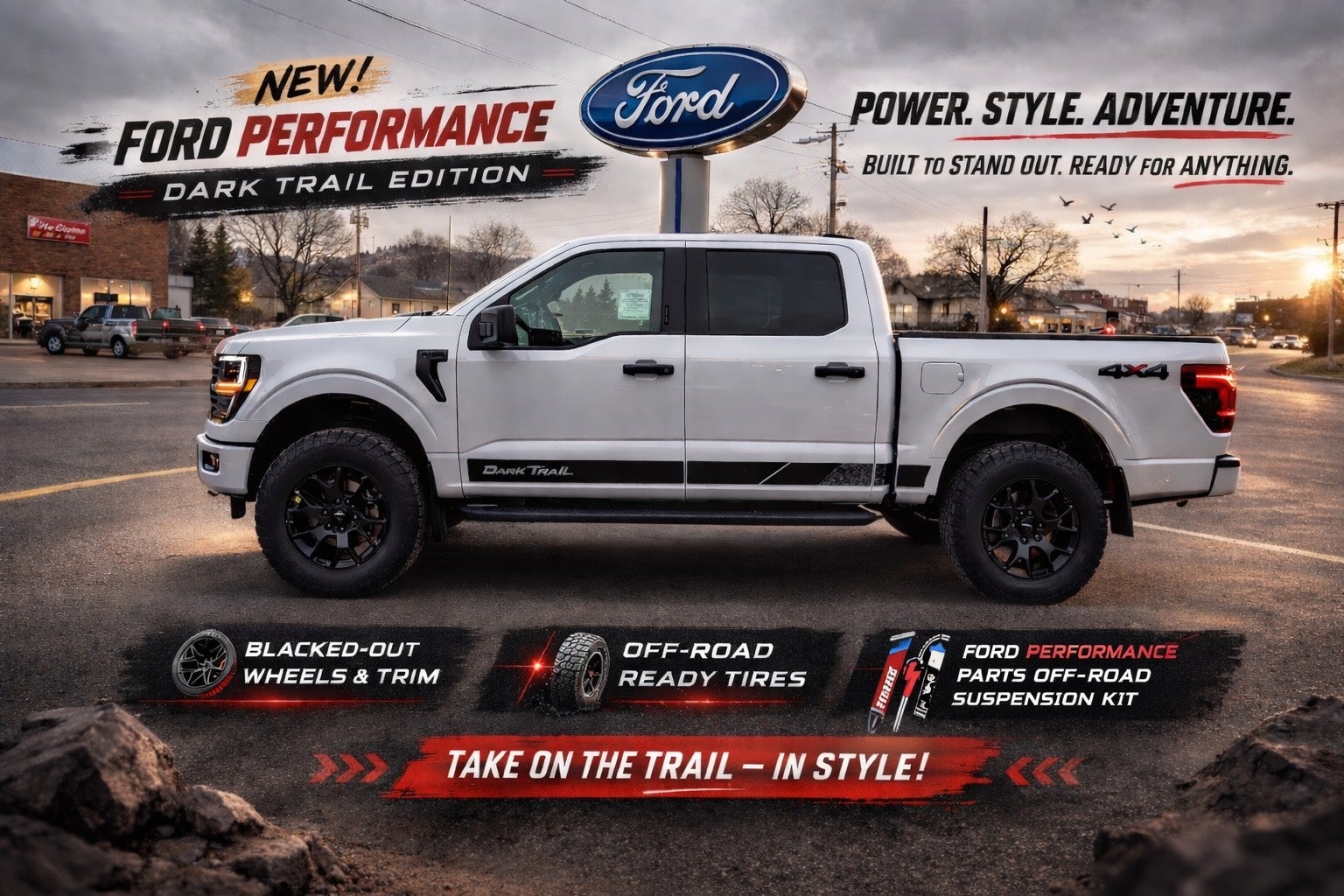 2026 Ford F-150 Dark Trail 4WD SuperCrew 5.5' Box in Oxford White — front three-quarter view